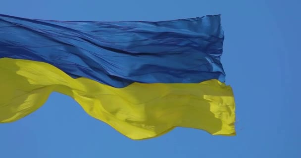 ウクライナの旗は 風の中で ゆっくりとした動きを閉じ込めます スローモーションで旗竿にウクライナの旗を閉じる — ストック動画