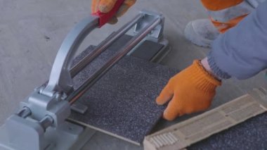 İnşaatçı fayans kesicisi olarak çalışıyor. Tiler fayans kesicinin fayanslarını kesiyor..