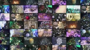 Noel ağacı süslemeleri kolajı. Noel dekorasyonları çoklu ekran. Noel video duvarı.