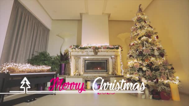 Καλή Χρονιά 2023 Χριστουγεννιάτικο Δέντρο Στο Παρασκήνιο Καλή Χρονιά 2023 — Αρχείο Βίντεο