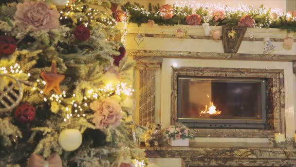Tűzifa Kandallóban Újévi Belső Tér Kandallóval Tűz Van Kandallóban Gyönyörű — Stock videók