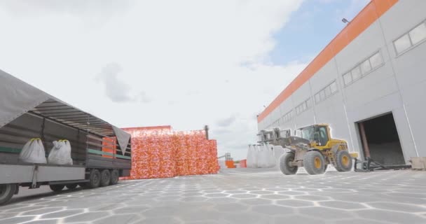 Malları Kamyona Yüklüyorlar Buldozer Eşyaları Bir Kamyonun Arkasında Poşetlere Koyar — Stok video