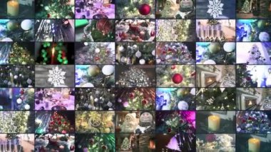 Noel ağacı süslemeleri kolajı. Noel dekorasyonları çoklu ekran. Noel video duvarı.