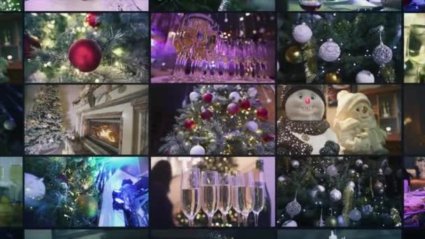 Colaj Decorațiuni Pom Crăciun Decoratiuni Craciun Multiecran Perete Video Crăciun — Videoclip de stoc