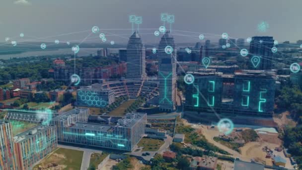 デジタル化された都市の概念 近代都市の空中風景 市内の人工知能 — ストック動画