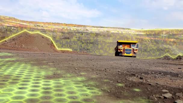 Szemeteskocsi Grafikus Elemekkel Szemétszállító Áthajt Kőbányán Területet Átvizsgálják Modern Technológiák — Stock videók