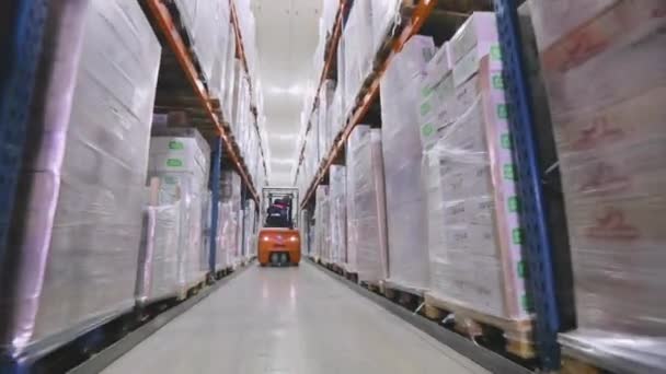 フォークリフトは工場の倉庫を通って運転しています 近代的な倉庫だ 工場内の大きな倉庫 倉庫業務 — ストック動画