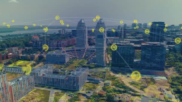 Koncept Digitalizovaného Města Moderní Letecký Výhled Město Umělá Inteligence Městě — Stock video