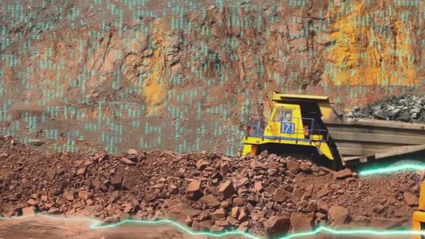 Szemeteskocsi Grafikus Elemekkel Szemétszállító Áthajt Kőbányán Területet Átvizsgálják Modern Technológiák — Stock videók