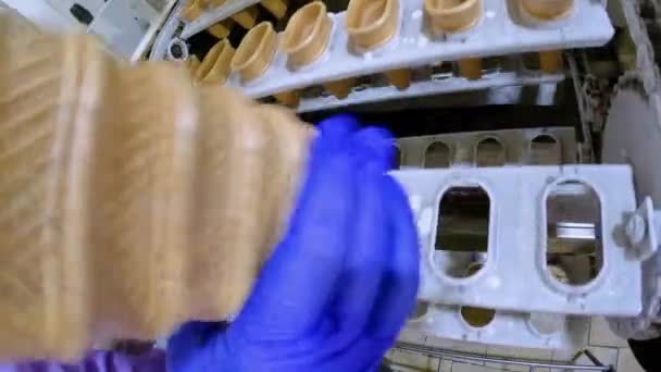 Fagylaltkészítés Folyamata Gyárban Egy Gofris Poharakat Tesz Szállítószalagra Jégkrém Gyártás — Stock videók