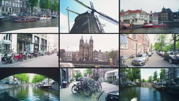 Séta Amszterdamban Ikonikus Helyek Amszterdamban Hollandiában Amsterdam City Kollázs Videóból — Stock videók