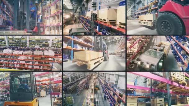现代仓库拼贴 多屏视频工作在一个大仓库里 工厂里的现代化仓库 业界开创者 — 图库视频影像