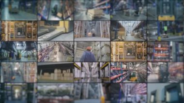 Modern depo kolaması. Büyük bir depoda çoklu ekran video işi. Fabrikada modern bir depo. sanayi açıcı.