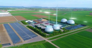 Large biogas plant aerial view. Visualization of modern technologies. Data sciences in the gas industry.