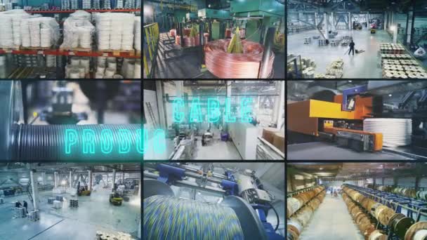 Kabelherstellungsprozess Multiscreen Kabelherstellungsprozess Video Wall Text Zur Kabelproduktion — Stockvideo