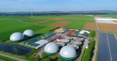 Large biogas plant aerial view. Visualization of modern technologies. Data sciences in the gas industry.