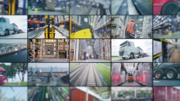 近代的な倉庫コラージュ 大規模な倉庫でマルチスクリーンビデオ作業 工場内の近代的な倉庫 産業界の開幕 — ストック動画