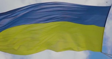 Rüzgarda savrulan Ukrayna pastası. Ukrayna bayrağı rüzgarda dalgalanıyor. Gökyüzüne karşı Ukrayna bayrağı