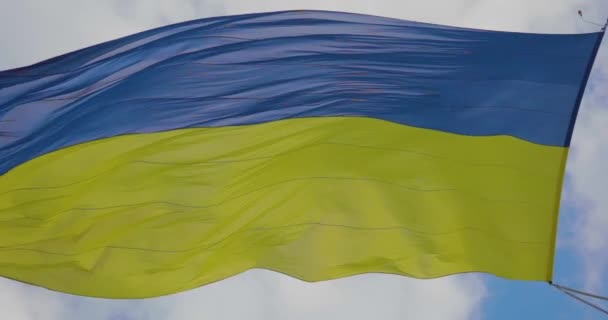 ウクライナは風に吹かれた ウクライナの国旗が風になびく 空に対するウクライナの旗 — ストック動画