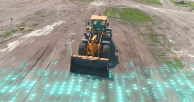 Grafikleri olan bir inşaat alanında modern buldozer. İnşaat endüstrisindeki modern teknolojilerin görselleştirilmesi. Modern buldozer, modern teknoloji görselleştirme.