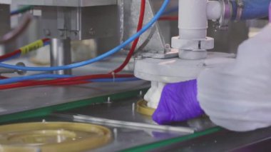 Otomatik dondurma üretimi. Dondurmalı pasta yapmak için otomatik taşıyıcı. Dondurma tüplerden çıkarıldı..