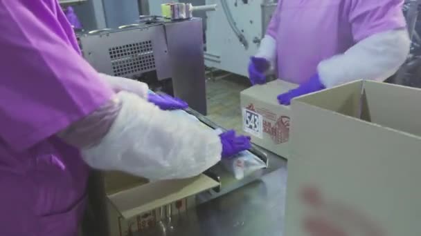 Arbeiders Doen Ijs Dozen Vrouwen Verpakken Ijs Dozen Werkstroom Fabriek — Stockvideo