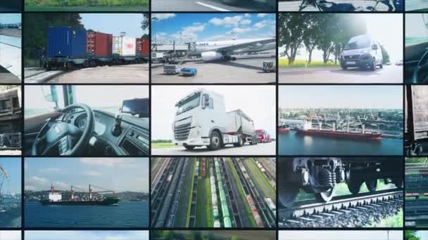 Consegna Della Merce Con Vari Mezzi Trasporto Logistica Multischermo Logistica — Video Stock