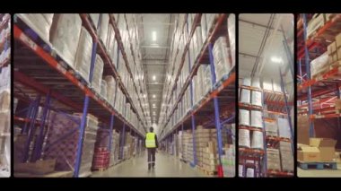 Fabrikanın deposunda özel ekipman var. Depoyu turlayan bir sürü forklift var. Modern yükleyiciler büyük bir depoda..