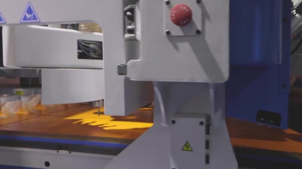 Cnc Machine Drills Holes Wooden Shield Cnc Machine Technology Exhibition — Vídeos de Stock
