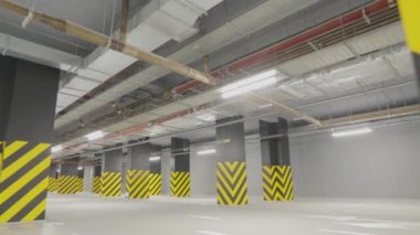 Siyah ve sarı sütunlu modern park yeri. Arabasız modern yeraltı otoparkı. Yeni modern ambalaj.