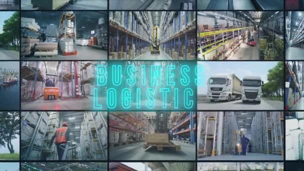Multiscreen Collage Modern Warehouse Business Logistics Infographic Transportation Goods Warehouse — Vídeos de Stock