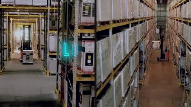 Speciale Uitrusting Het Magazijn Van Fabriek Veel Heftrucks Die Door — Stockvideo