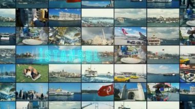 İstanbul, Türkiye 'nin ünlü yerlerinden arkaplan çerçeveleriyle ilgili hindi metni. İstanbul hindi bilgisi. İstanbul çoklu ekran.