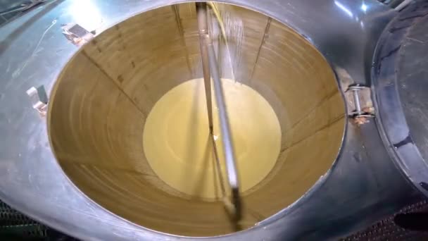 在工厂里把牛奶搅拌进搅拌器的过程 在工厂搅拌牛奶 食品工业 — 图库视频影像
