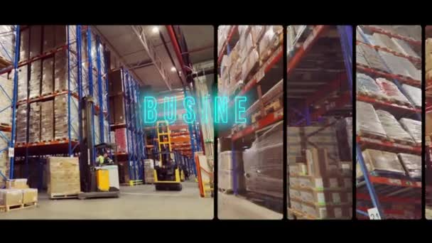 Multiscreen Collage Modern Warehouse Business Logistics Infographic Transportation Goods Warehouse — Vídeo de stock