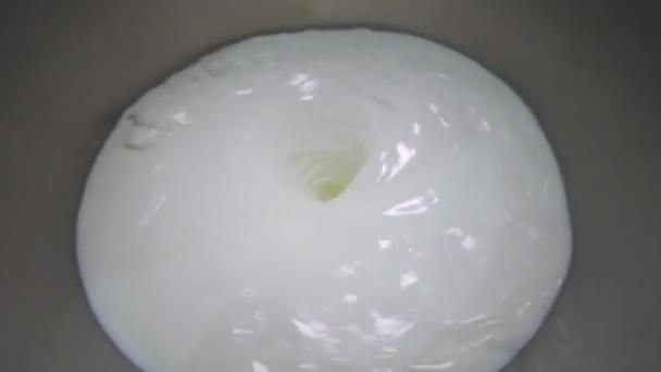 在工厂里把牛奶搅拌进搅拌器的过程 在工厂搅拌牛奶 食品工业 — 图库视频影像