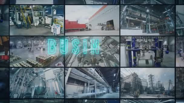現代のマルチスクリーンビデオ工場 近代的な工場の外観 産業用ビデオコラージュ — ストック動画