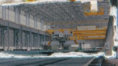Fabrikadaki vinç ışını. Bir metalürji fabrikasının içinde. Metalurji fabrikasının modern atölyesi.