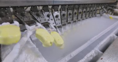 Freezing ice cream at the factory. Automatic production of ice cream. Ice cream production at the factory.