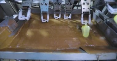 Ice cream is dipped in chocolate. Ice cream factory. Ice cream in chocolate glaze.