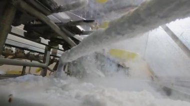 Freezing ice cream on the conveyor. Ice cream production process. Conveyor at the ice cream factory.