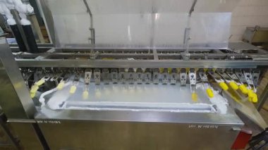 Freezing ice cream on the conveyor. Ice cream production process. Conveyor at the ice cream factory.