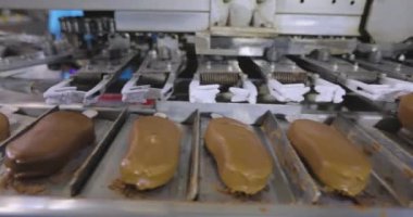 Ice cream is dipped in chocolate. Ice cream factory. Ice cream in chocolate glaze.