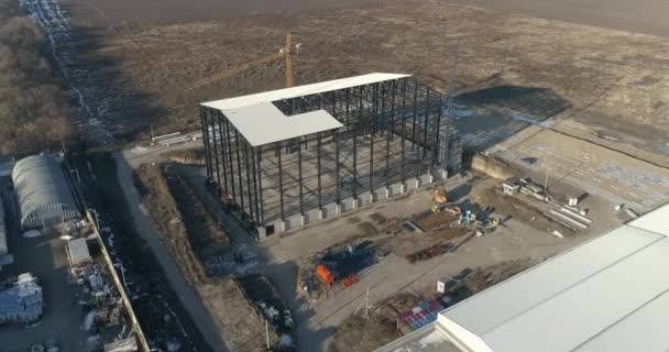 Bau Einer Großen Lagerhalle Für Eine Fabrik Luftaufnahme Der Bau — Stockvideo