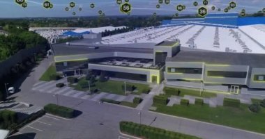 Modern factory aerial view concept. The building of a modern factory digital concept. Flight near modern factory.