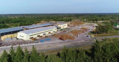 Bir marangoz şirketinin büyük bahçesi. Modern kereste fabrikası manzarası kavramı. Ahşap işçiliği şirketinin kütükleriyle dolu bir bahçe. Modern bir bıçkıhanenin avlusunda bir sürü kütük.