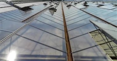 Çiçeklerle dolu büyük bir seranın üzerinde uçmak, geri çekilebilir çatılı bir sera, yukarıdan bir sera manzarası, büyüyen çiçekler.