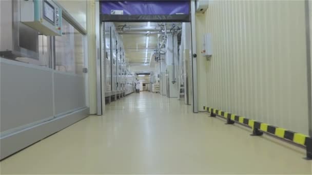 生産室への扉を閉じる 工業用インテリア 近代的な工場 近代的な工場内 — ストック動画