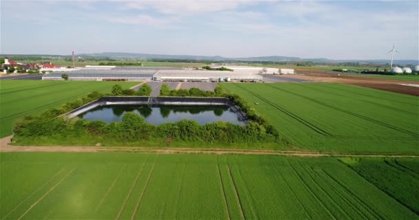 Blick Von Oben Auf Die Gewächshäuser Technisches Reservoir Neben Großen — Stockvideo