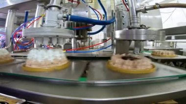 Otomatik dondurma üretimi. Dondurmalı pasta yapmak için otomatik taşıyıcı. Dondurma tüplerden çıkarıldı..